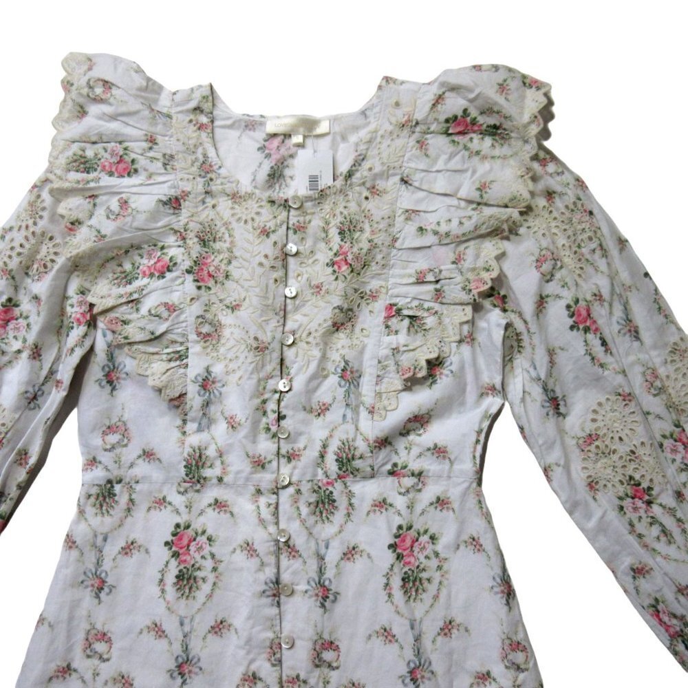 LoveShackFancy White Floral Ruffle Button-Front Mini Dress - Picture 4 of 7